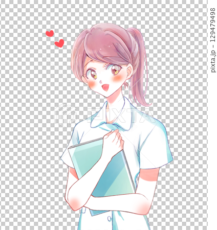 Nurse holding a book, ponytail, smile, love Nurse holding a book, ponytail, smile, love 129479498