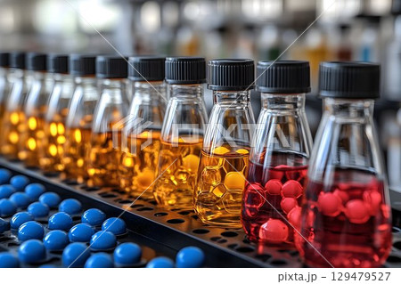 Laboratory glassware exhibiting vibrant colors and scientific precision 129479527