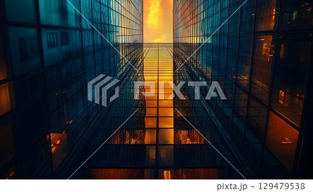 Golden hour's reflection on the glass facades of soaring skyscrapers Golden hour's reflection on the glass facades of soaring skyscrapers 129479538