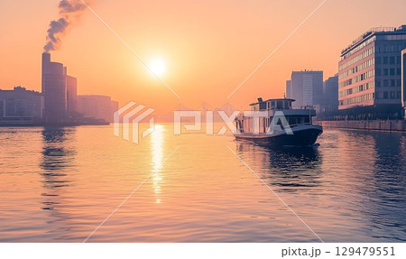 Golden hour cruise, A river journey through urban landscape at sunset 129479551