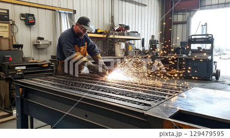 Skilled metalworker precisely cuts steel panel with plasma cutting machine 129479595