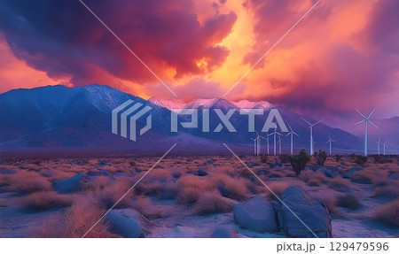 Majestic Mountain Range and wind turbines at Sunrise with Colorful Cloudscape 129479596