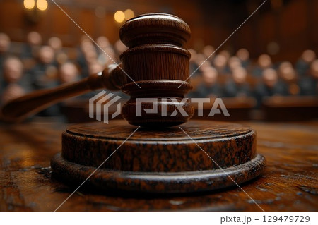 Wooden gavel on a block in a courtroom setting highlighting legal proceedings 129479729