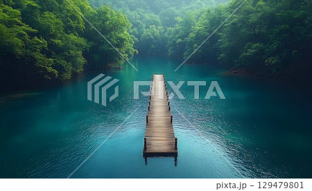 Picturesque wooden pier stretching across a crystal clear lake surrounded by nature Picturesque wooden pier stretching across a crystal clear lake surrounded by nature 129479801