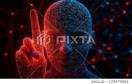 Digital human awareness with raised index finger and connected network 129479861