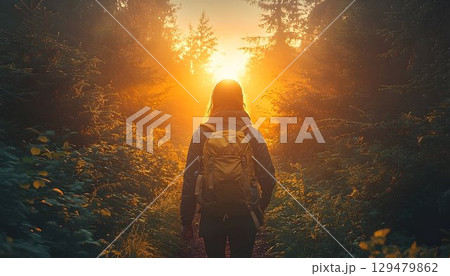 Female hiker walking through golden forest during sunset, rear view shot 129479862