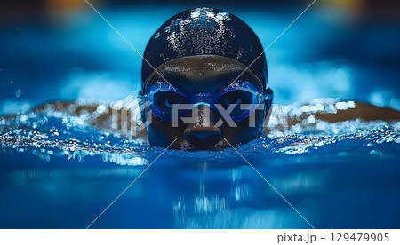 Focused swimmer breaking the water surface, swimming performance display 129479905