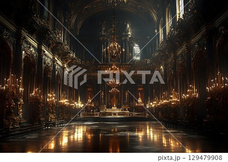 Grand interior showcasing baroque architecture with ornate gold decorations Grand interior showcasing baroque architecture with ornate gold decorations 129479908