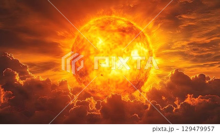 Dramatic Sunlight Illustration Displaying a Solar Explosion and Clouds 129479957