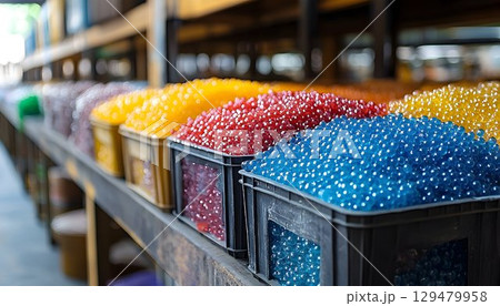 Rows of vibrant colored hydrogel balls in containers on an industrial shelf 129479958