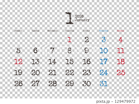 2026 年 1 月打字日曆,週一開始 2026 年 1 月打字日曆,週一開始 129479972