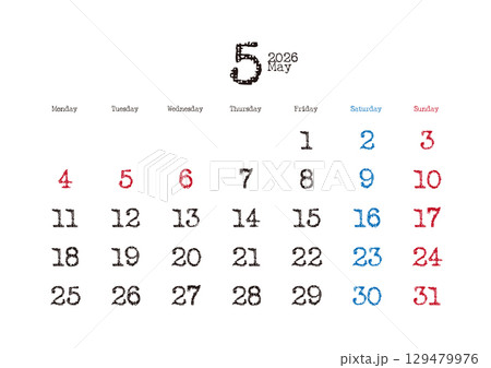 2026年5月のタイプライター文字カレンダー 月曜始まりのイラスト素材