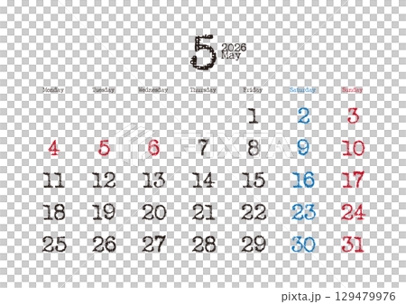 2026 年 5 月打字日曆,從星期一開始 2026 年 5 月打字日曆,從星期一開始 129479976
