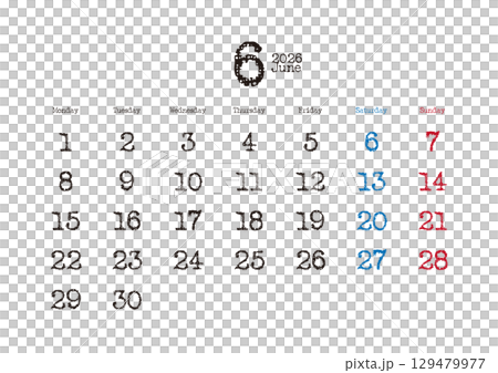 2026 年 6 月打字日曆，星期一開始 129479977