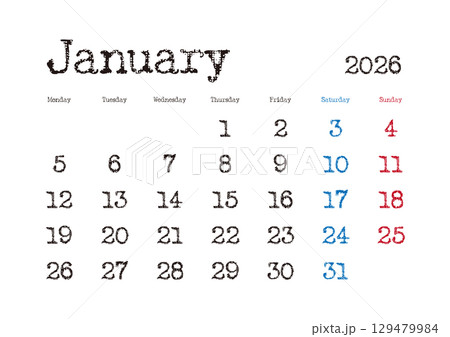 2026年1月のタイプライター文字カレンダー 月曜始まり 日本の祝日表記無し 2026年1月のタイプライター文字カレンダー 月曜始まり 日本の祝日表記無し 129479984