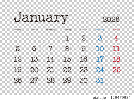 2026年1月のタイプライター文字カレンダー 月曜始まり 日本の祝日表記無し 2026年1月のタイプライター文字カレンダー 月曜始まり 日本の祝日表記無し 129479984
