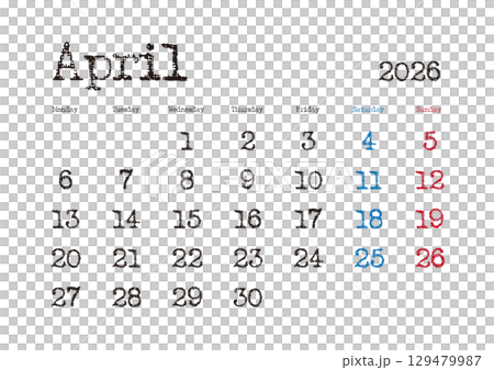 Typewritten calendar for April 2026, starts on Monday, no Japanese holidays 129479987