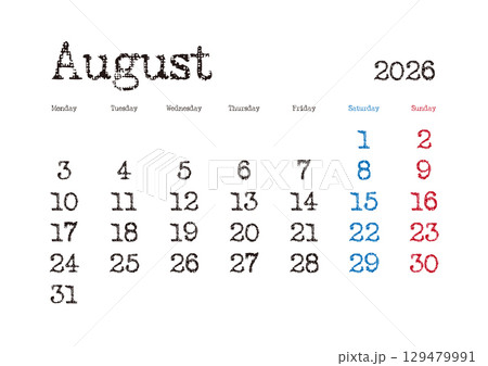 2026年8月のタイプライター文字カレンダー 月曜始まり 日本の祝日表記無し 129479991