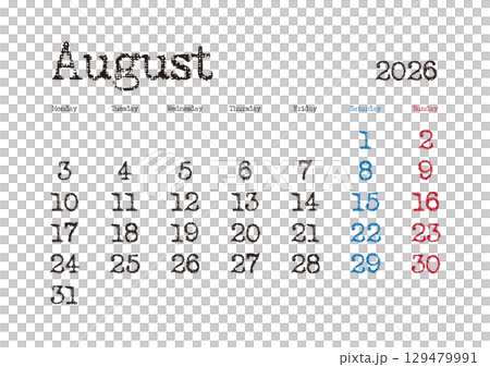 2026年8月のタイプライター文字カレンダー 月曜始まり 日本の祝日表記無し 129479991