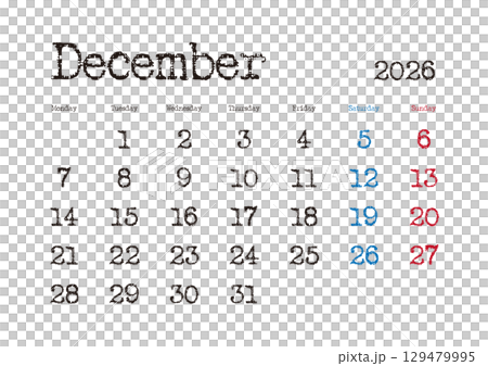 2026年12月のタイプライター文字カレンダー 月曜始まり 129479995