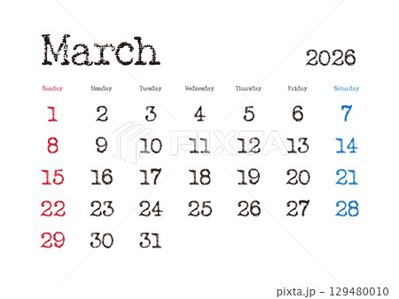 2026年3月のタイプライター文字カレンダー 日曜始まり 日本の祝日表記無し 129480010