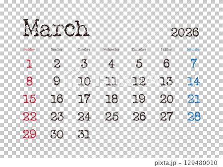 2026年3月のタイプライター文字カレンダー 日曜始まり 日本の祝日表記無し 129480010