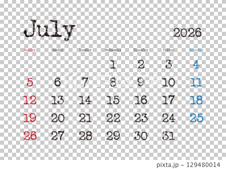 2026 年 7 月打字機日曆（週日開始） 129480014