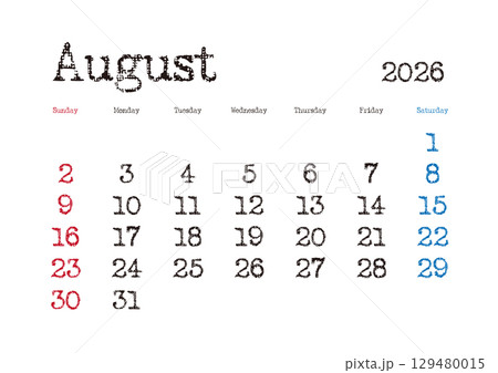 2026年8月のタイプライター文字カレンダー 日曜始まり 日本の祝日表記無し 129480015