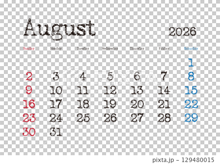 2026年8月のタイプライター文字カレンダー 日曜始まり 日本の祝日表記無し 129480015