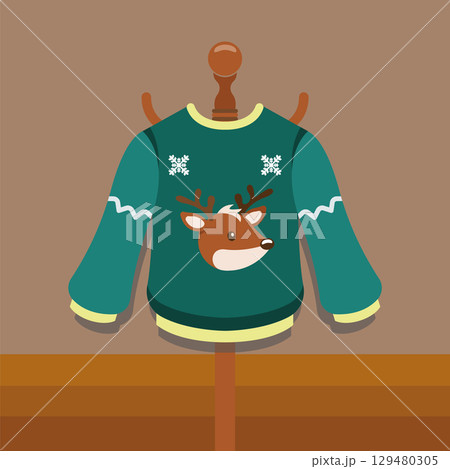 Green sweater with reindeer. Vector Green sweater with reindeer. Vector 129480305