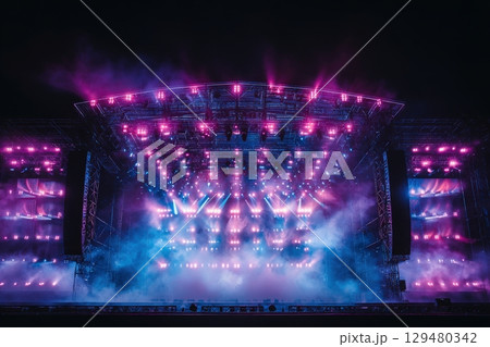 A large concert stage is illuminated with bright purple and blue lights, surrounded by mist and smoke. 129480342
