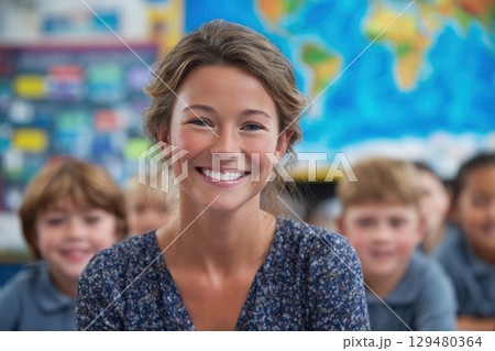 A joyful teacher sits at the front of a vibrant classroom. Behind her, a group of happy students eagerly participate in the lesson. The colorful world map adds context to the educational environment. 129480364