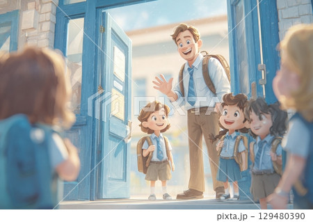 A cheerful teacher stands at the school entrance, greeting excited children who are dressed in school uniforms. The scene captures a sunny day, filled with joy and anticipation for learning. 129480390