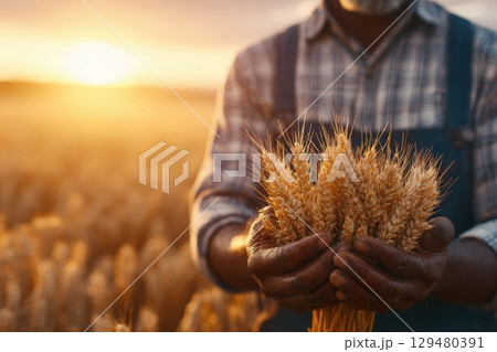 A farmer stands in a vast golden field, holding a bundle of freshly harvested wheat. The sunset casts a warm glow across the landscape, highlighting the beauty of agriculture and nature. 129480391