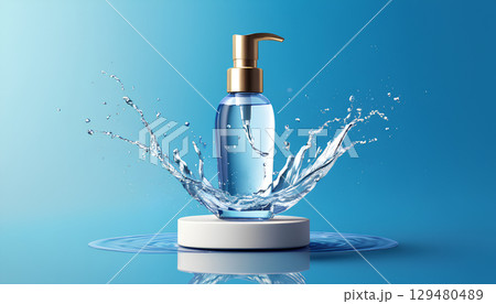 cream bottle mock up in water splash on blue 129480489
