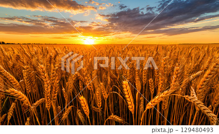 golden wheat field at sunset 129480493