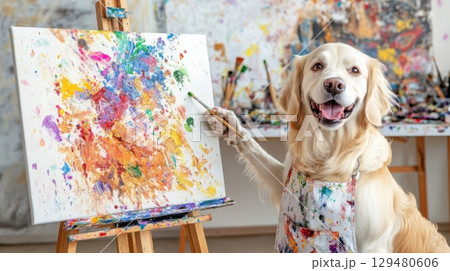 A cheerful dog in an apron holding a paintbrush standing next to a canvas on a tabletop easel A cheerful dog in an apron holding a paintbrush standing next to a canvas on a tabletop easel 129480606