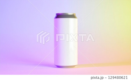 パステルグラデーション背景に映えるモダンラベルのクラフトビール缶のクローズアップ 129480621