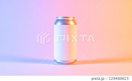 パステルグラデーション背景に映えるモダンラベルのクラフトビール缶のクローズアップ 129480623