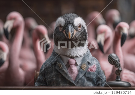 A penguin in a tailored suit and tie stands at a podium, exuding confidence. Surrounding the penguin are multiple pink flamingos, creating a whimsical atmosphere at a gathering. 129480714