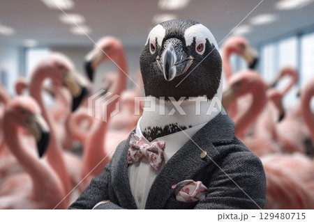 A penguin dressed in a stylish suit and bow tie confidently poses in a bustling office filled with pink flamingos. The contrast of the formal wear and casual atmosphere adds humor to the scene. 129480715