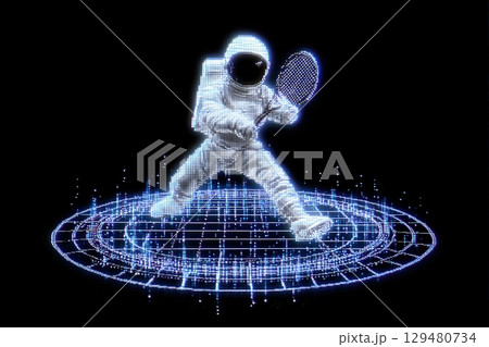 An astronaut is poised to hit a tennis ball with a racket while standing on a glowing, digital grid. The backdrop features a dark void, emphasizing the vibrant holographic effect. 129480734