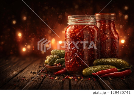 Jars of homemade spicy pickles sit on a wooden table surrounded by fresh chilies and spices. A warm, glowing background adds a cozy atmosphere, perfect for food enthusiasts. Jars of homemade spicy pickles sit on a wooden table surrounded by fresh chilies and spices. A warm, glowing background adds a cozy atmosphere, perfect for food enthusiasts. 129480741