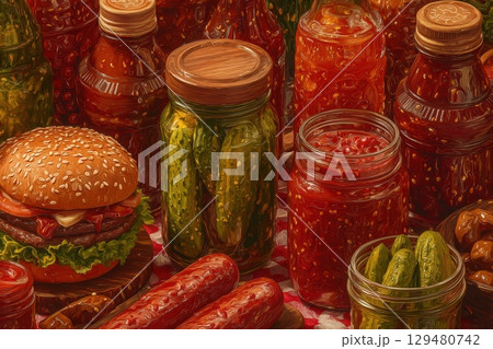 A vibrant table is filled with various homemade condiments, jars of pickles, rich sauces, and a colorful burger. The rustic setup showcases the bounty of fresh, flavorful ingredients. A vibrant table is filled with various homemade condiments, jars of pickles, rich sauces, and a colorful burger. The rustic setup showcases the bounty of fresh, flavorful ingredients. 129480742