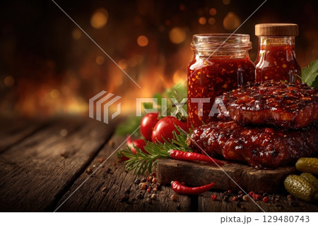 A barbecue platter features grilled meat coated in rich sauce, alongside jars of spicy sauce and fresh vegetables. The ambiance is warm, reminiscent of summer gatherings around a fire. A barbecue platter features grilled meat coated in rich sauce, alongside jars of spicy sauce and fresh vegetables. The ambiance is warm, reminiscent of summer gatherings around a fire. 129480743