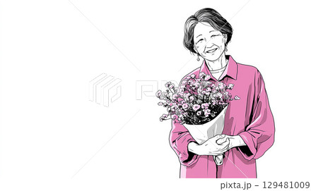 ピンクのかすみ草の花束を手に持ち、穏やかな笑顔を見せるシニア女性の線画イラスト 129481009