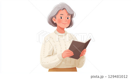 グレーの髪のシニア女性が茶色い本を持ち穏やかに読む 129481012