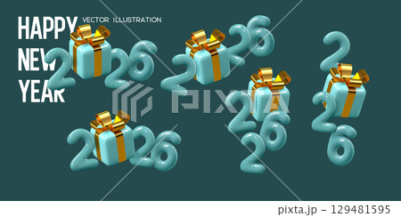 Set of 2026 New Year numbers with gift box. Teal color with gold bow. 3d elements for New Year and Christmas design. Vector illustration. Set of 2026 New Year numbers with gift box. Teal color with gold bow. 3d elements for New Year and Christmas design. Vector illustration. 129481595