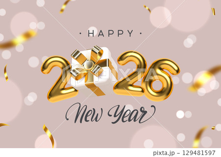 2026 New Year festive design with gold numbers and gift box. New Year and Christmas design. 3d vector illustration. 129481597