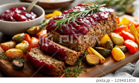Close-up of vegan lentil and mushroom loaf with tomato glaze, served with roasted vegetables Close-up of vegan lentil and mushroom loaf with tomato glaze, served with roasted vegetables 129481850